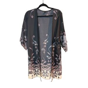 I Joah Black Paisley Kimono Cardigan Womens Large Open Front Lightweight Boho